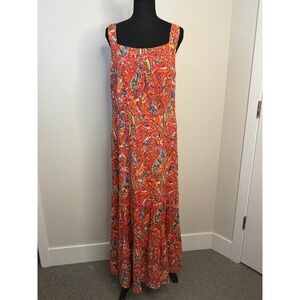 Talbots Pink Paisley Maxi Dress Sleeveless Cotton Lined Tiered Pockets Size 12